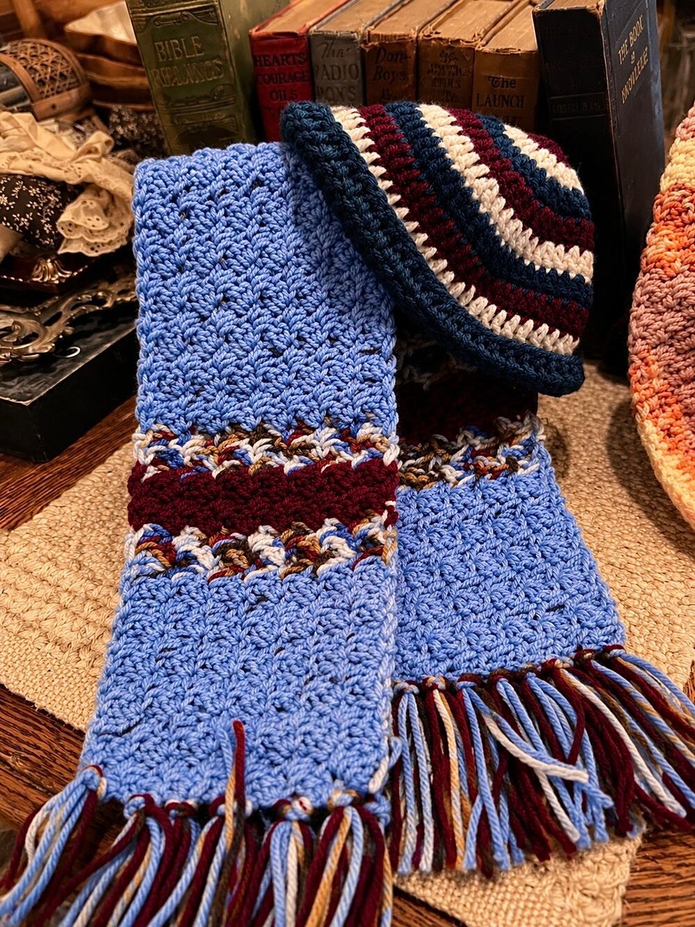 Handmade Crochet Scarf With Hat - Brown, Blue, Green, Maroon